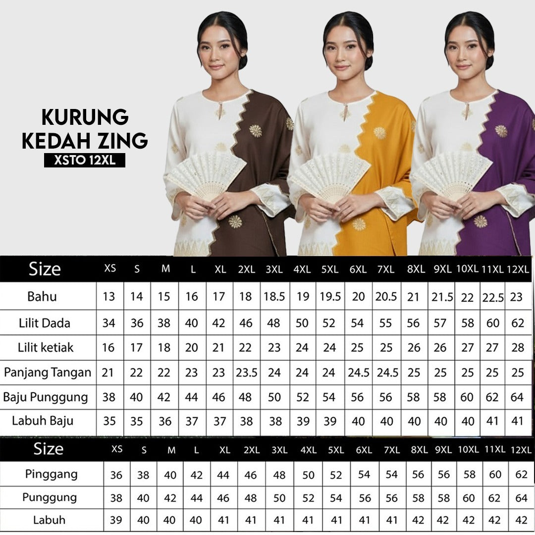 Kurung Kedah Zing Two Colors + Sekali Selendang Free - Xs to 12xl